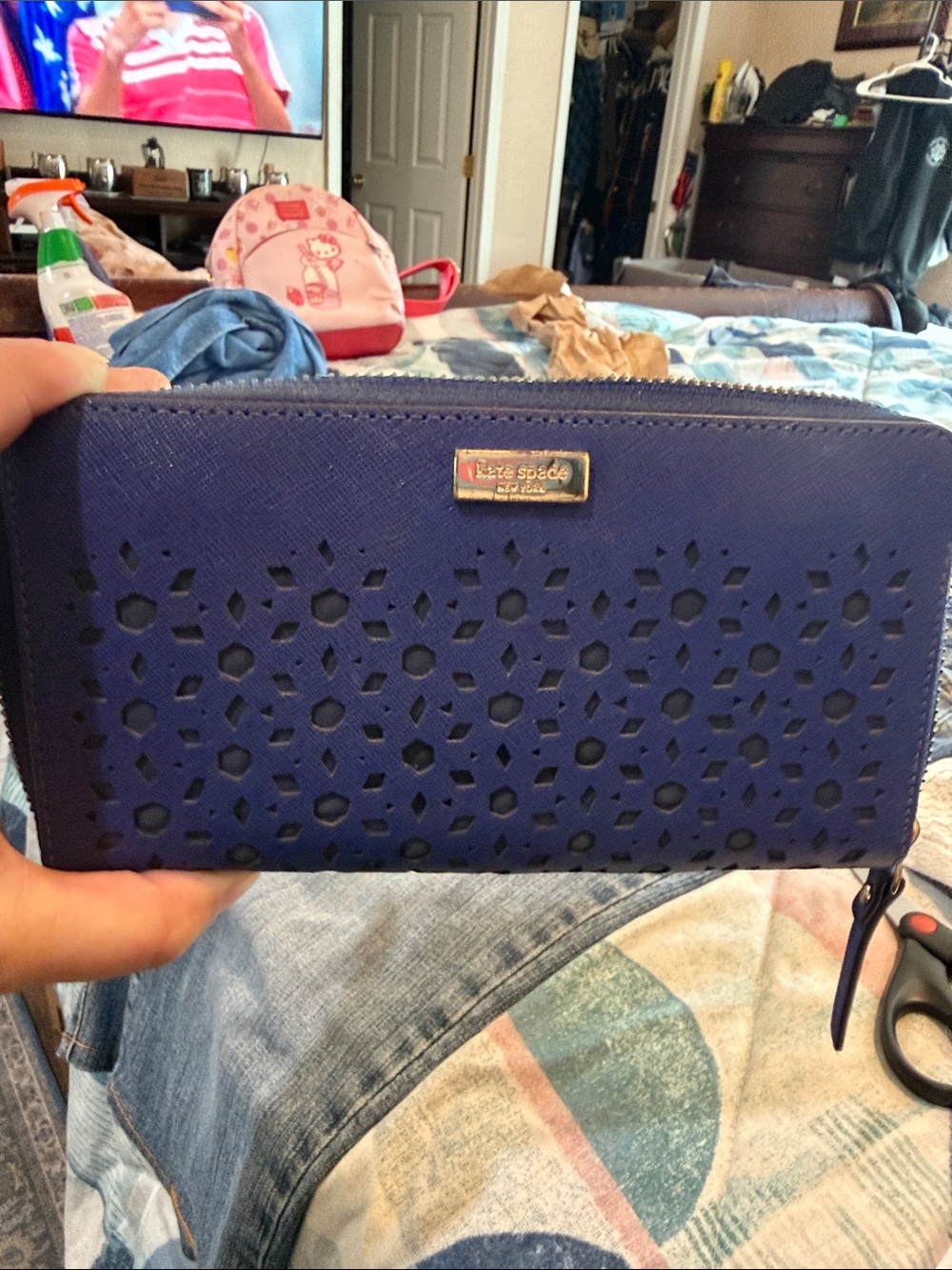 kate spade Blue Cedar Street perforated Lacey zip around Wallet